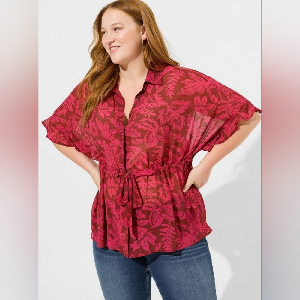 Chiffon Dolman Sleeve Button Up Blouse, Pink Leaves Print, Size 3x, NWT